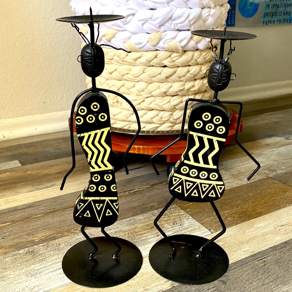 porta velas africa madera 2 iron wood candle holders home decor black statures